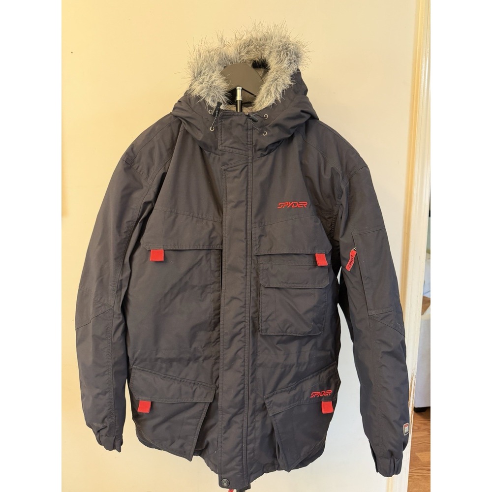 Spyder Men's Black Hooded Ski Snowboard Jacket with Red Accents Detachable Fur M